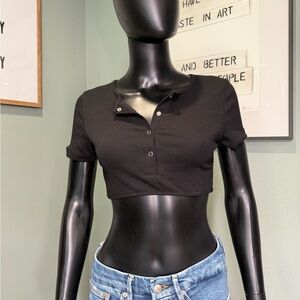Black Cropped Button-Up Top